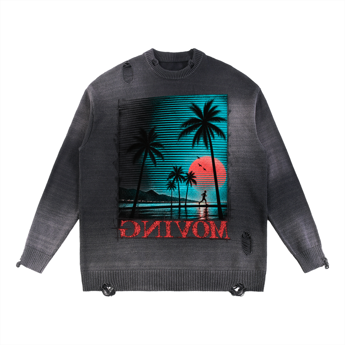 Moving Sun Fade Distressed Ripped Crewneck sweater