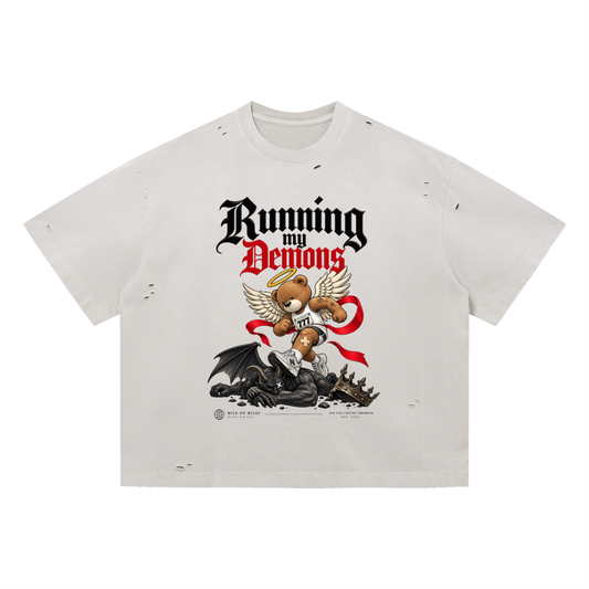 Running My Demons Vintage Washed Distressed Boxy Oversized T-Shirt