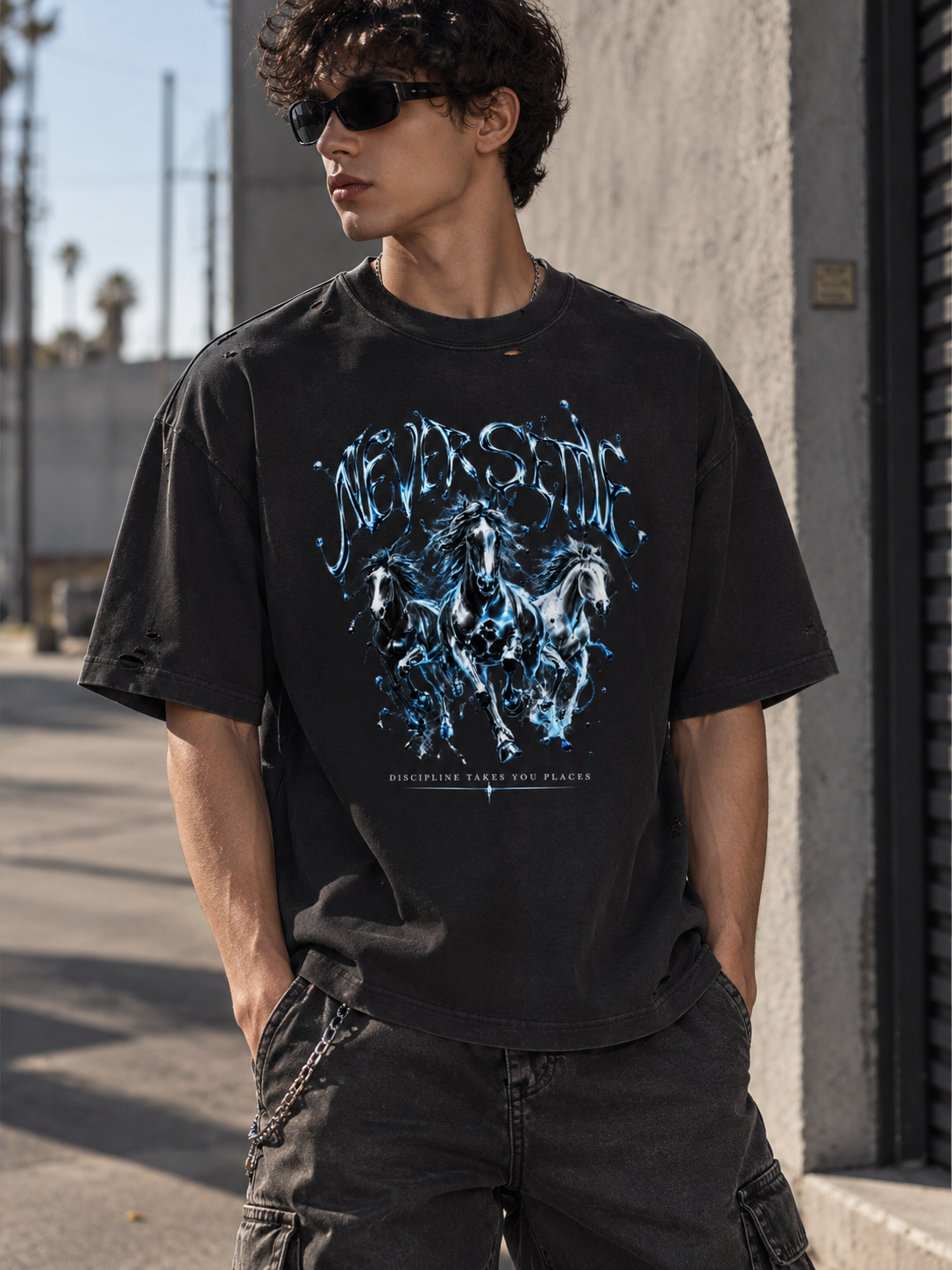 Never Settle Vintage Washed Distressed Boxy Oversized T-Shirt