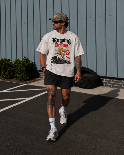 Running My Demons Vintage Washed Distressed Boxy Oversized T-Shirt