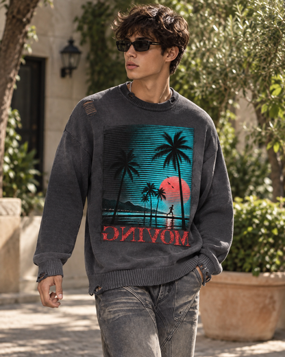 Moving Sun Fade Distressed Ripped Crewneck Sweater